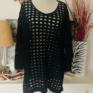 WynneLayers Black Open Knit 100% Cotton Mesh 3/4 Sleeves Sweater Women's Xl NWT